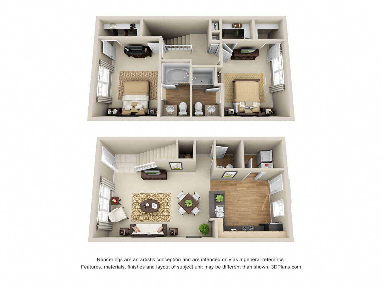 Floor plan for 2 beds, 2.5 baths, 1165 sqft